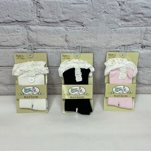 Baby Deer Boot Socks Girl's L (18-24mo) Ivory Pink Black Lace/Button Trim 3 Pair